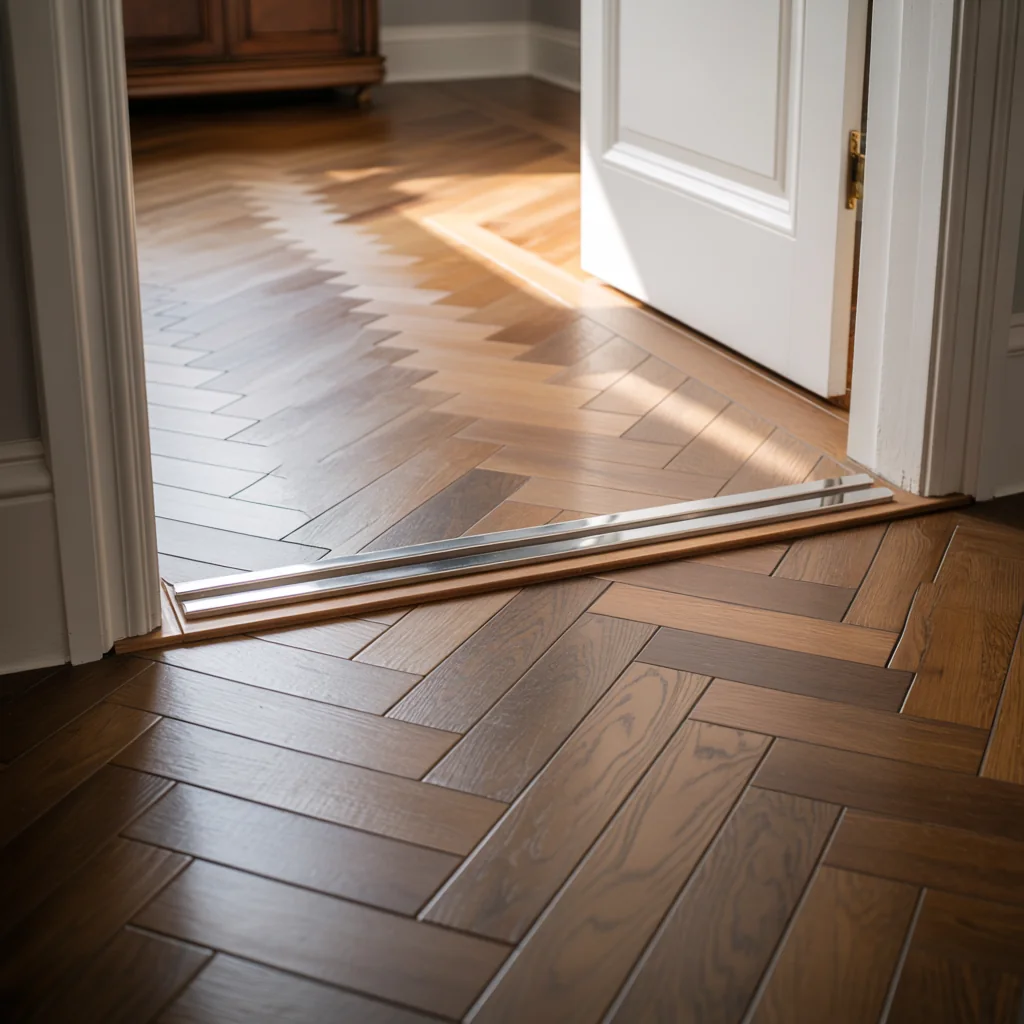 Herringbone parquet laid through a doorway in a Smethwick home